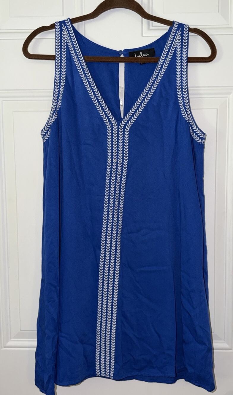 Lulus Dress S Sleeveless Royal Blue Shift With White Embroidery